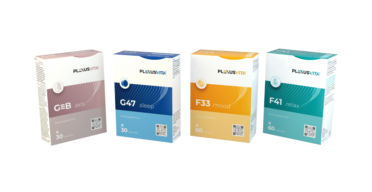 Plexusvita – food supplement range featuring GEB Axis, G47 Sleep, F33 Mood and F41 Relax for daily wellness and well-being.